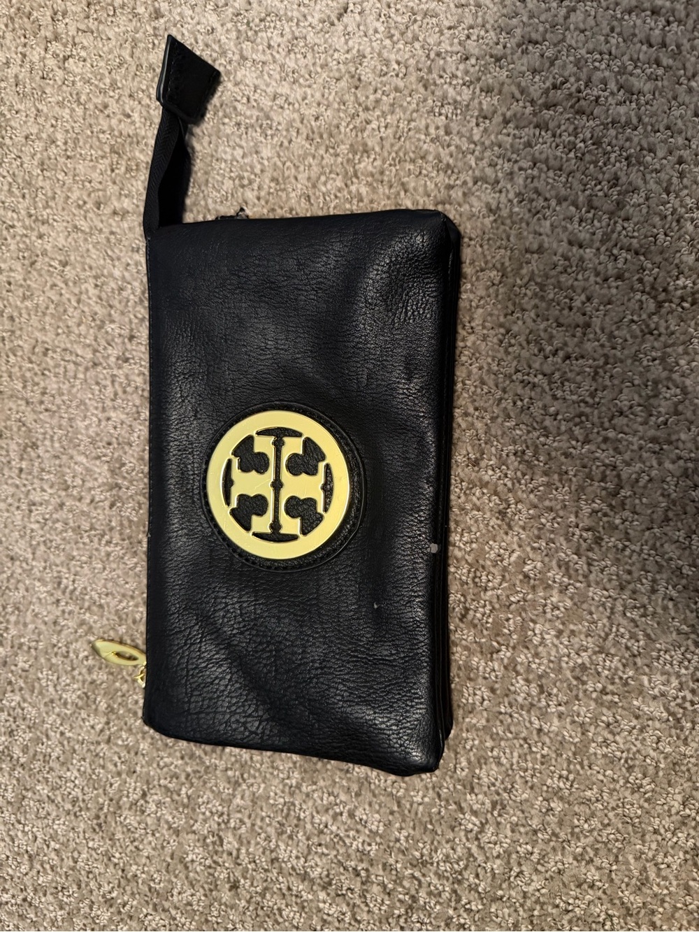 Tory Burch Black Leather Handbag with Gold Logo Accent